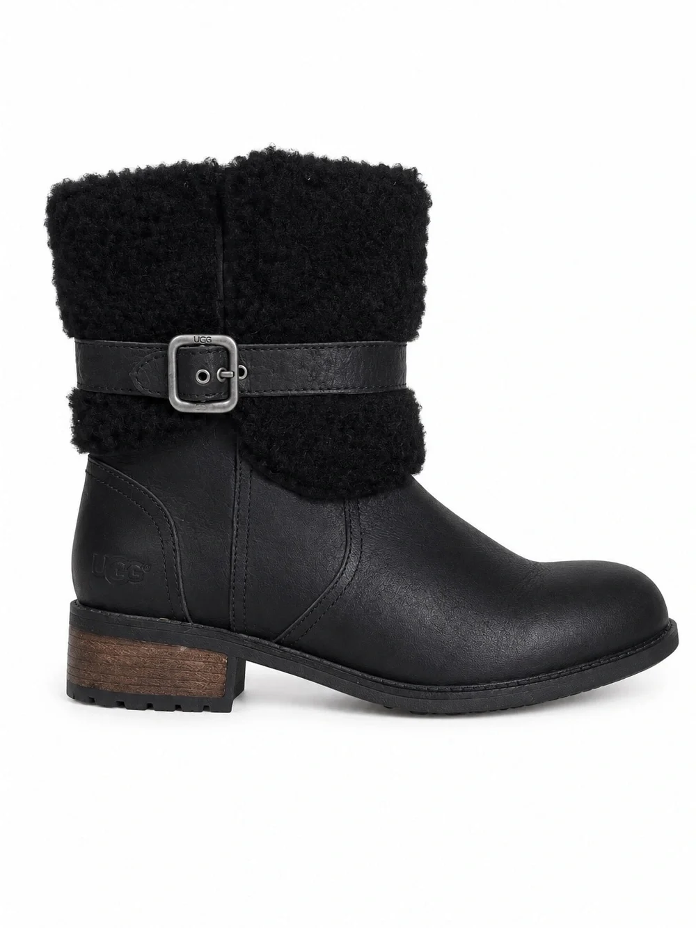UGG Blayre II Leather Shearling Buckle Moto Ankle Boots Black Size 8